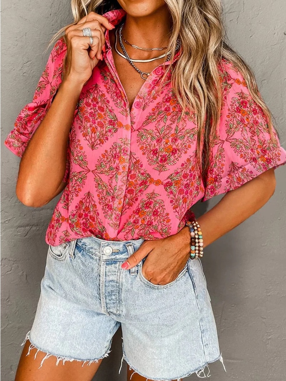 SHEIN Pink Floral Short-Sleeve Button-Down Shirt